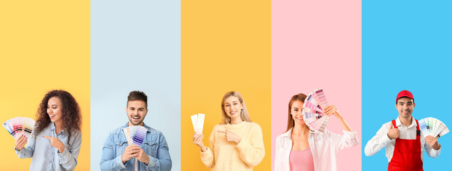 Group of designers with color samples on color background