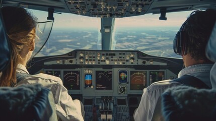 A pilot and copilot in the cockpit of an airplane looking out the window at a beautiful landscape below. A small sign on the dashboard reminds them to refuel with biofuel for cleaner . - obrazy, fototapety, plakaty