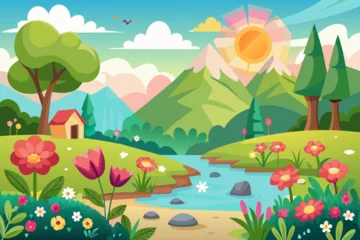 Rollo Charming cartoon landscapes with colorful flowers in bloom. © Johanddss