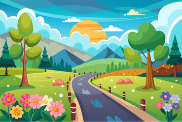 Charming cartoon landscapes with colorful flowers in the background.