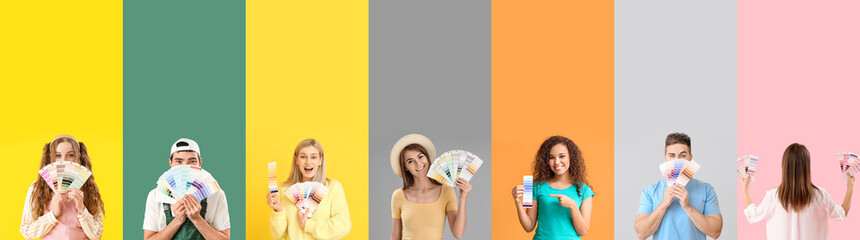 Group of designers with color samples on color background