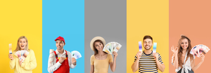 Collage of designers with color samples on color background