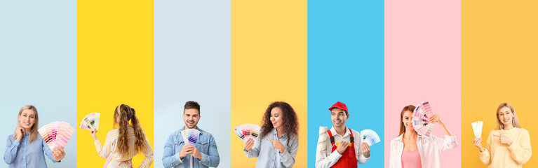 Set of designers with color samples on color background