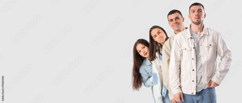 Sticker group of young people in stylish denim jackets on white background