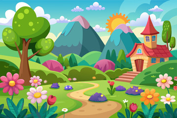 Charming cartoon landscapes with flowers bloom in the background.