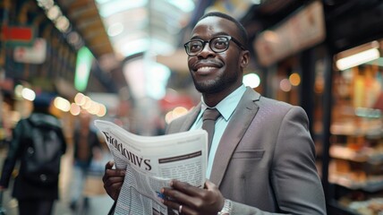 Confident businessman reading newspaper - Suited businessman stands reading Financial News on a busy city street