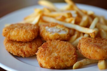 French fries and chicken nuggets on plate