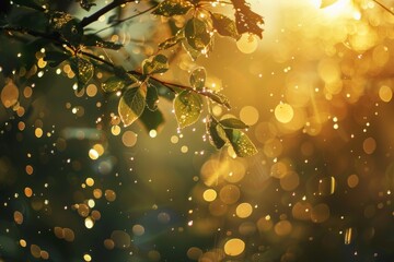 Obraz premium Sunlit Dewy Leaves with Glittering Bokeh - Sunlight filters through dew-covered leaves, creating a magical bokeh effect and a warm, golden ambiance