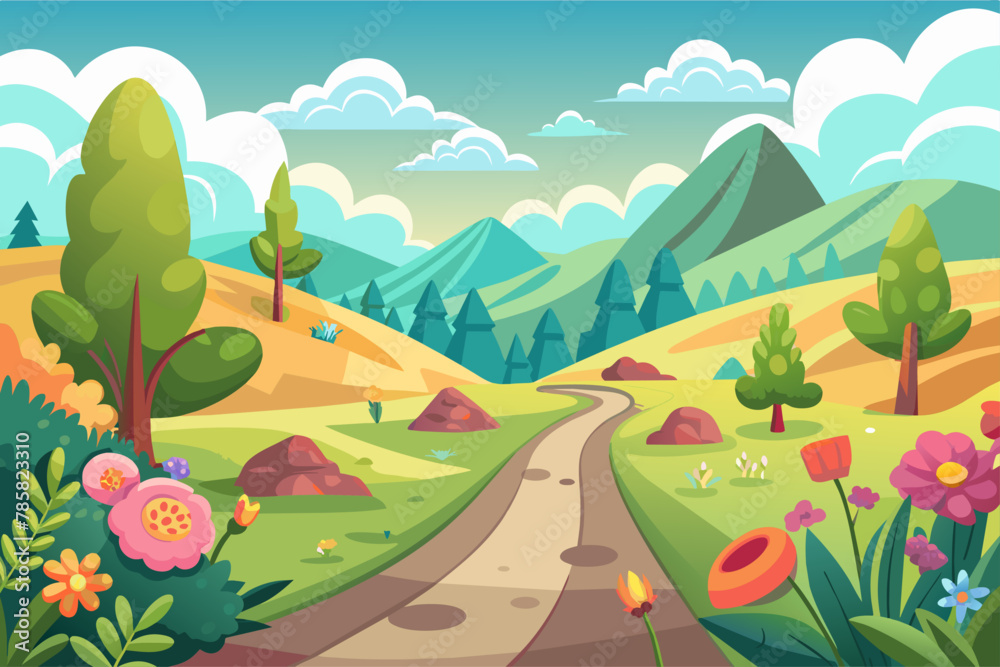 Poster charming cartoon road amidst a picturesque landscape adorned with blooming flowers.