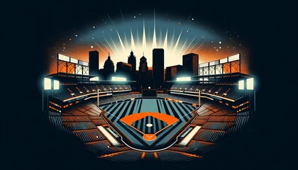 Stylized Illustration of a Baseball Field with Baltimore Silhouette and Sunrise, Perfect for Sports Event Promotion and Creative Wallpapers - obrazy, fototapety, plakaty
