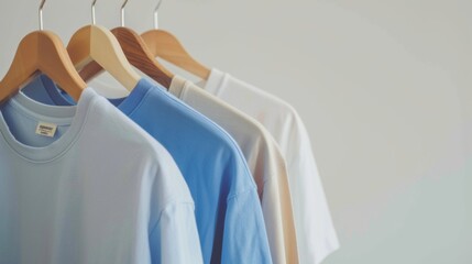 clothes on  hangers  against a plain white background, with three t-shirts of different colors, highlighting eco-friendly fashion and environment awareness 