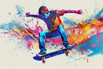 energetic skateboarder in motion colorful splash painting style urban sports illustration - obrazy, fototapety, plakaty