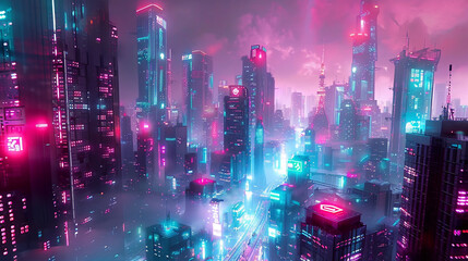A futuristic cityscape with towering skyscrapers and neon lights,