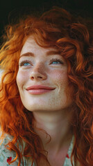 Portrait of smiling Caucasian woman with curly red hair . vivid and colorful