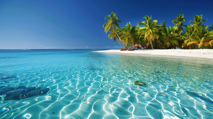 A tranquil beach scene with crystal clear water and palm trees swaying in the breeze, - obrazy, fototapety, plakaty
