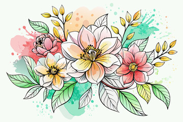 Lineart drawing of a charming floral arrangement on a white background