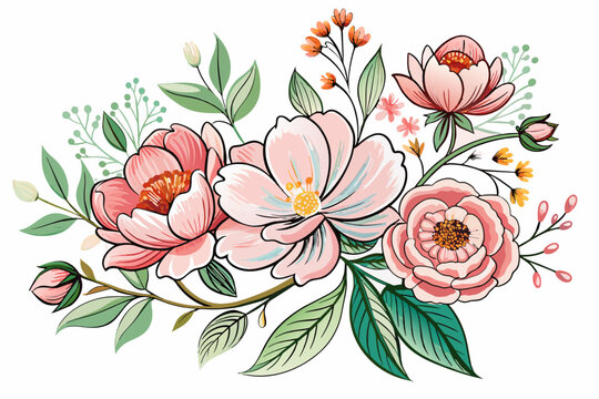 Line art drawing of charming flowers on a white background.