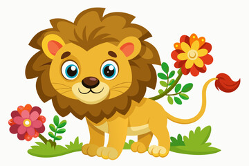 A charming cartoon lion with flowers adorns a white background.