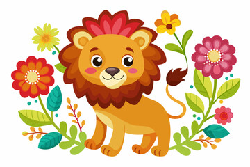 Charming lion cartoon holding a bouquet of flowers on a white background.