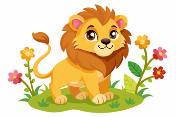 Charming lion cartoon holds a bouquet of flowers on a white background.