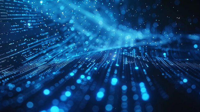Merge data analytics and futuristic tech elements into a visually striking blue abstract composition,