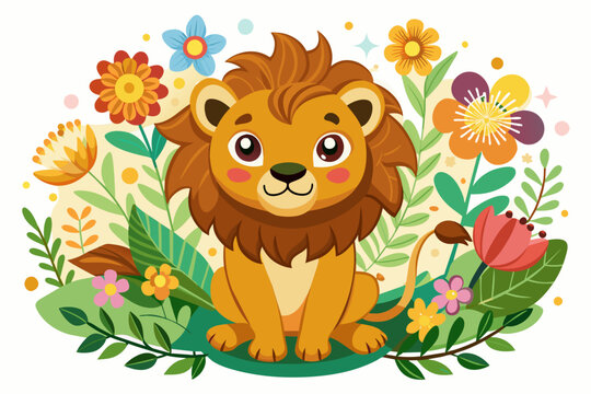 A charming lion cartoon character holds a bouquet of flowers against a white background.
