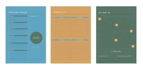 Gratitude Journal Planner. (Ocean) Minimalist planner template set. Vector illustration.	