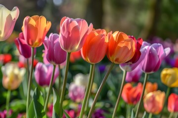 Fototapeta premium Colorful tulips on sunny background