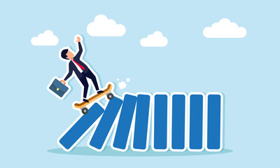 Obraz premium New disruptive innovation causing business upheaval, transforming and challenging existing competitors, concept of Innovative businessman swiftly skateboards, toppling all dominos in a cascade