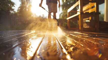 Sunset cleaning of outdoor wooden decking - Warm sunset lighting up a backyard scene where someone is cleaning decking with a high-pressure water spray