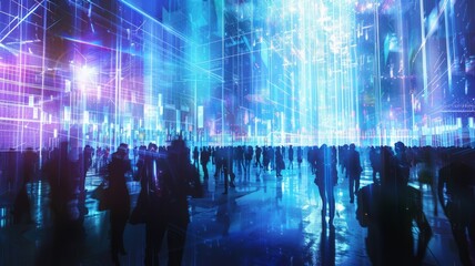 Futuristic digital cityscape with binary code rain - This image showcases a vibrant digital city manifestation with silhouettes and binary code suggesting futuristic concepts