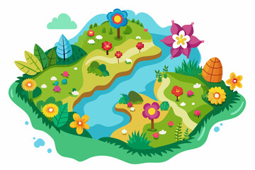 A charming map cartoon adorned with colorful flowers blooms on a pure white background.