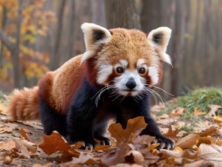 Fototapeta premium Mischievous Red Panda Cub Playfully Wrestling with Fallen Leaf in Autumn Woodland Scene