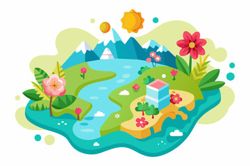 Obraz na płótnie Canvas Charming cartoon map with vibrant flowers on a white background.