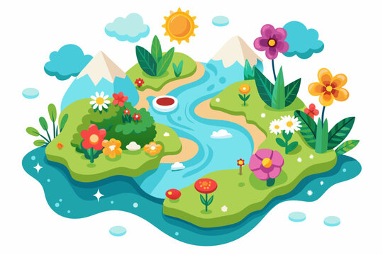 Charming map cartoon adorned with vibrant flowers on a crisp white background.