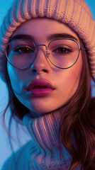 Fototapeta premium Close-up Portrait of Girl wearing Woolen Hat and Horn-rimmed Eyeglasses, Looking at Camera, Studio Shot on White Background