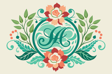 Fototapeta na wymiar A charming monogram ornament featuring delicate flowers adorns a white background.
