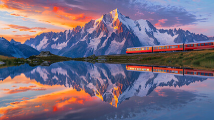 Lac des Gaillands with train passing and Mountain - obrazy, fototapety, plakaty