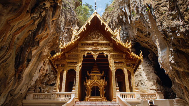 Golden carved chapel Thai culture of Wat Tham