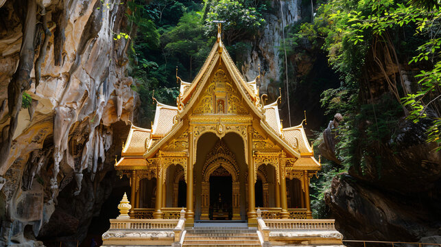 Golden carved chapel Thai culture of Wat Tham
