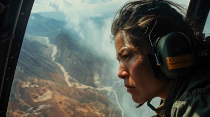 A fearless journalist leans out of a helicopter window capturing aerial footage of a remote area affected by natural disaster. The wind whips through their hair as they expertly maneuver . - obrazy, fototapety, plakaty