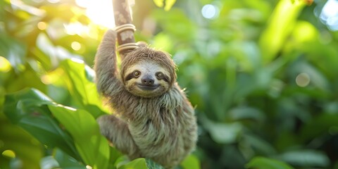Naklejka premium Adorable Sloth Hanging Peacefully from Tree Branch in Lush Green Rainforest with Soft Sunlight
