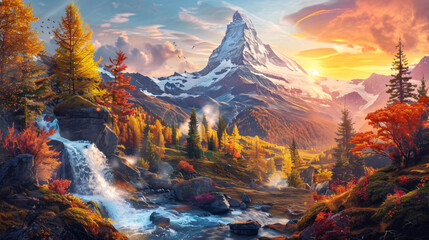Sunset shining over Matterhorn mountain - Powered by Adobe