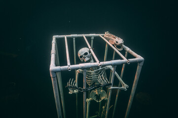 Skeleton in Underwater Jail - obrazy, fototapety, plakaty