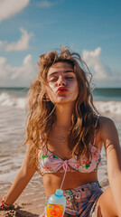 Naklejka premium Playful woman with water bottle sitting and making face at beach