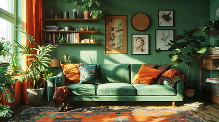 A stylish modern Bohemian living room interior design with green and orange tone colors. 3d rendering