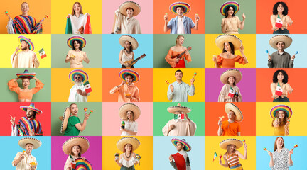 Group of Mexican people on color background