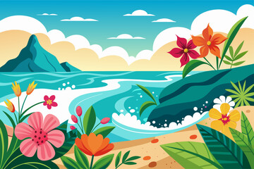 The charming ocean is adorned with beautiful flowers, creating a captivating spectacle on a pristine white background.
