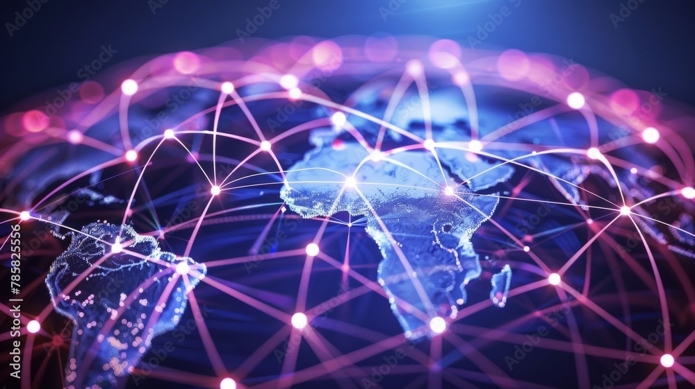 Poster illuminated network nodes on global map background - a highly detailed image of a global network wit