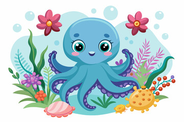 Charming octopus cartoon animal adorned with flowers
